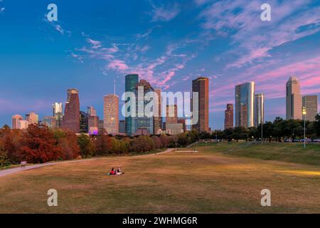 Skyline von Houston City bei Sonnenuntergang in Houston, Texas, USA. Stockfoto