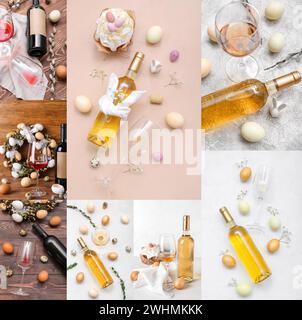 Festliche Collage für Osterfeier mit Wein auf farbigem Hintergrund Stockfoto