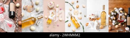 Festliche Collage für Osterfeier mit Wein auf farbigem Hintergrund Stockfoto