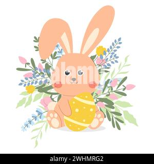 Süßer Osterhase mit Ei, handgezeichnete Frühlingsblumen-Komposition. Stock Vektor