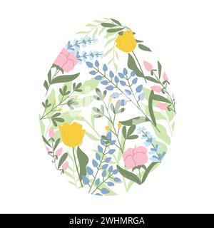 Ostereier-Silhouette mit Frühlingsblumen. Handgezeichnetes Vektordesign in Pastellfarben. Stock Vektor