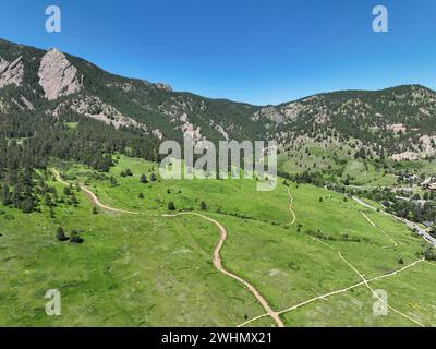 Die Flatirons, Felsformationen im Chautauqua Park in der Nähe von Boulder, Colorado Stockfoto