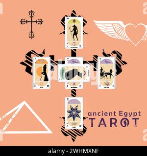 Altägyptisches Tarot. Design von mehreren Tarotkarten neben zwei gekreuzten antiken Schwertern auf rosa Hintergrund. Stock Vektor
