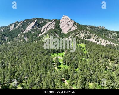 Die Flatirons, Felsformationen im Chautauqua Park in der Nähe von Boulder, Colorado Stockfoto