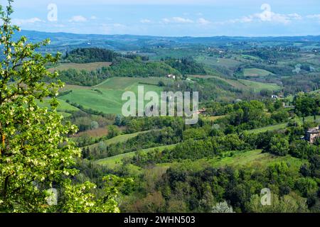 Panoramablick wunderschöne ländliche Landschaft der Toskana. Grüne Felder und Wiesen Stockfoto