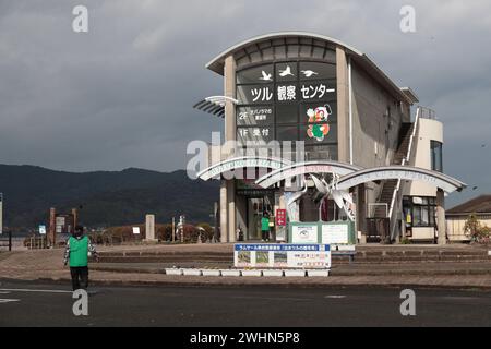 Blick auf die Vorderseite des Arasaki Visitor Centre, Izumi City, Kyushu, Japan (Überwinterungskrane) Stockfoto