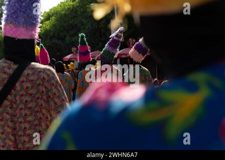 Salvador, Bahia, Brasilien - 03. Februar 2024: Kulturgruppe tritt während des Fuzue-Vorkarnevals in Salvador auf. Stockfoto