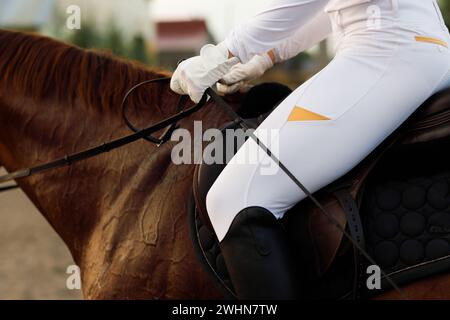 Seitenansicht Nahaufnahme eines Kastanienpferdes im Gurtzeug mit weiblichem Reiterjockey in weißer Uniform mit Stapel. Stockfoto