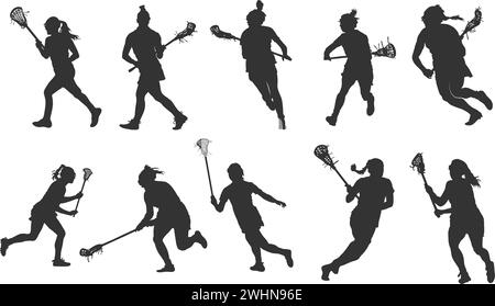 Lacrosse weibliche Spielersilhouette, Lacrosse Silhouette für Damen, Lacrosse Silhouette Mädchen, Lacrosse Silhouetten Stock Vektor