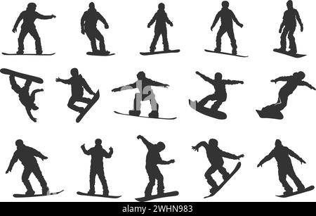 Snowboarder Silhouette, Snowboarder Silhouetten, Snowboarder Clipart, Winter Extreme Sport Silhouette, Snowboard Vektor Set. Stock Vektor