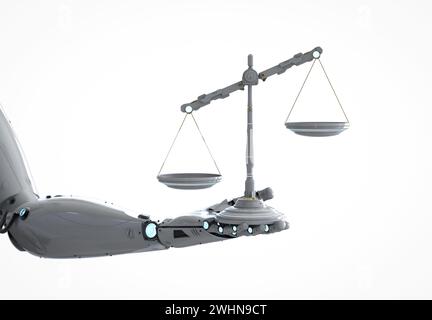 Cyber Law-Konzept mit 3D-Rendering-Roboterhandhaltung-Regelskala Stockfoto