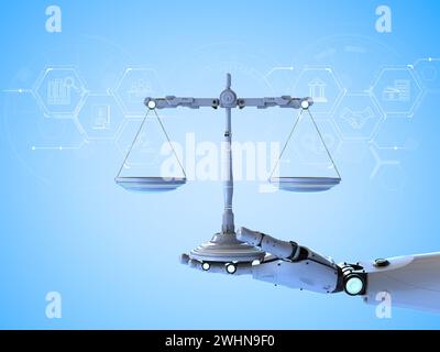 Cyber Law-Konzept mit 3D-Rendering-Roboterhandhaltung-Regelskala Stockfoto