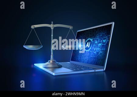 Cyberrecht oder Internetrecht mit 3D-Skala und künstlicher Intelligenz Stockfoto