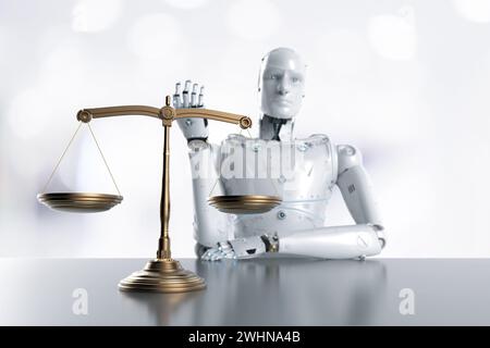 Cyber Law-Konzept mit 3D-Rendering Ai-Roboter und Regelskala Stockfoto