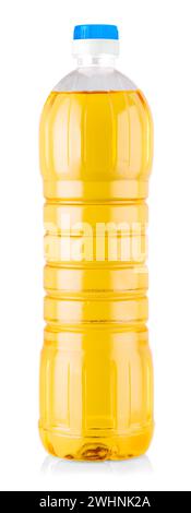 Die Flasche Sonnenblumenöl isoliert auf weißem Hintergrund mit Beschneidungspfad Stockfoto