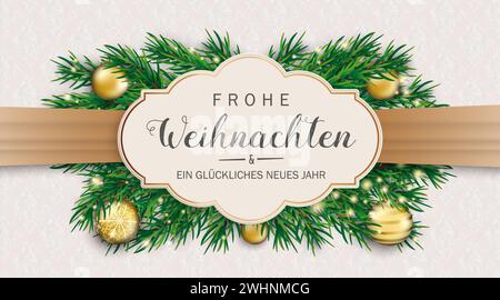 Frohe Weihnachten und ein glückliches neues Jahr, Übersetzung Frohe Weihnachten und Happy New Year. EPS 10-Vektordatei. Stockfoto