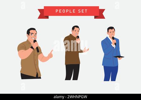 Meister der Zeremonie. Satz von abgewickelten Vektorabbildungen. Mann mit Mikrofon. Stock Vektor