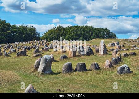 Steine auf dem Wikingerfriedhof Lindholm Hoje in Norddänland Stockfoto