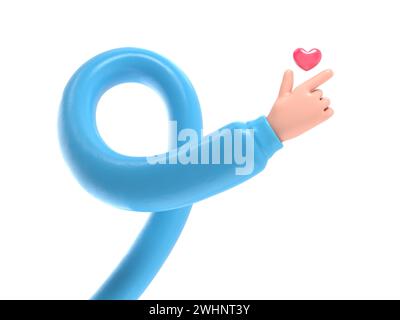 Cartoon Gesture Symbol Mockup.Stylized Cartoon 3D Rendering Handgeste repräsentiert das Fingerherz Symbol,eine Botschaft der Liebe.3D Rendering auf weißem Rücken Stockfoto