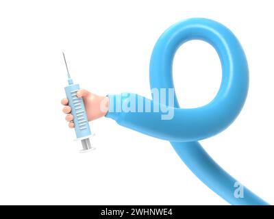 3D-Rendering. Doktor-Cartoon-Hand, die große Spritze mit Impfstoff gegen Virus hält. Illustration des medizinischen Gesundheitswesens. Pharmazeutischer Clip Art. 3D-Rendering o Stockfoto