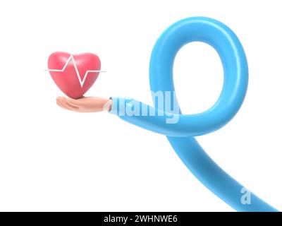 3D-Rendering. Symbol für medizinische Herzfrequenz. Arzt oder Kardiologe Cartoon-Hand, die das Herz mit einer Diagrammlinie hält. Darstellung des Gesundheitswesens. Kardiogramm Clip Art. 3D Stockfoto