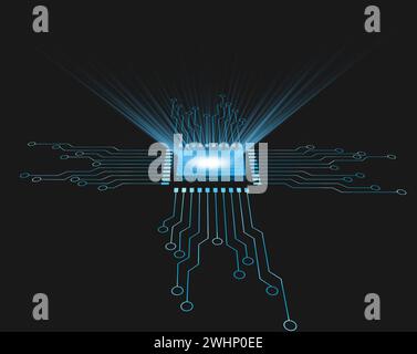 microchip mit blauer Schaltungslinie und futuristischem Design mit Lichtflecken Stockfoto