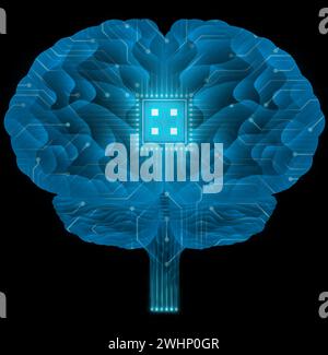 Menschliches Gehirn mit Chip im Inneren mit blauer, futuristischer Holographie Stockfoto