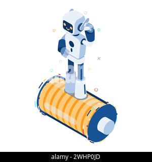 Flacher isometrischer 3D-Ai-Roboter, der auf Vollenergiebatterie steht. Künstliche Intelligenz und Ai-Roboter-Maschinentechnologie. Stock Vektor