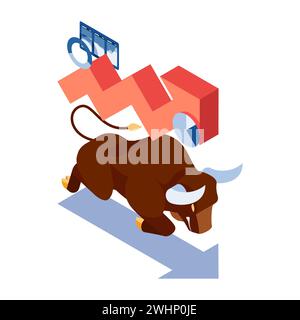 Flacher isometrischer, skittischer 3D-Stier mit Wachstumsdiagramm. Bullish Stock Market and Investment Concept. Stock Vektor