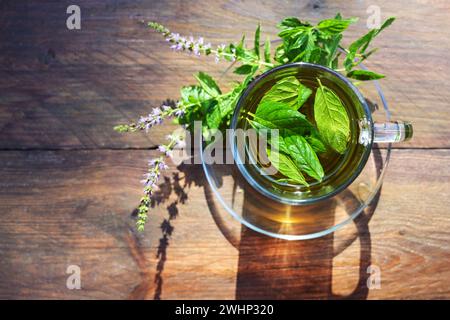 Kräutertee aus frischen Pfefferminzblättern und Blüten in einer Glasschale auf einem rustikalen Holztisch, Hochwinkelblick von oben, Kopie sp Stockfoto