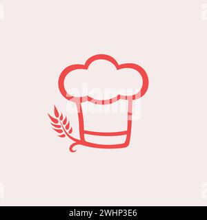 Ein Logo mit einem flauschigen Hut in Rot und einem Weizenstiel, das das Backen und Kochen symbolisiert. Stock Vektor
