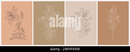 One Line Drawing Vector Lily Flowers Print Set Stock Vektor