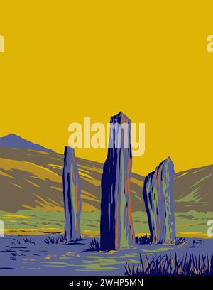 Stehende Steine auf Machrie Moor auf der Isle of Arran in Schottland WPA Art déco-Poster Stockfoto
