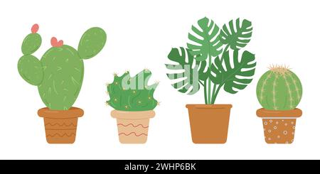 Set mit dekorativen Elementen für die Innenarchitektur. Topfkakteen und exotische Pflanzen. Kaktus groß und klein rund. Wohndekoration. Illustration der Vektorabwicklung. Stock Vektor