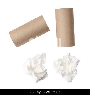 Draufsicht Set aus geschraubtem oder zerknittertem Taschentuch oder Serviette mit Kernen in seltsamer Form nach der Verwendung in Toilette oder Toilette ist auf weiß isoliert Stockfoto