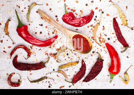 Blick von oben auf verschiedene Paprika und Pulver. Stockfoto