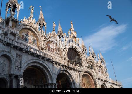 Nachbildung der Pferde des Heiligen Markus an der mittelbyzantinischen, romanischen und gotischen Hauptfassade der Basilika Cattedrale Patriarcale di San Marco (Patriarchal ca. Stockfoto