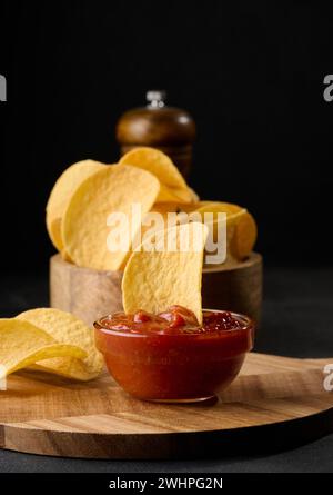 Kartoffelchips in einer Holzschale und eine Schüssel mit Sauce auf einem schwarzen Tisch, Imbiss Stockfoto