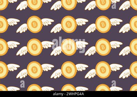 Bitcoin mit nahtlosem Flügelmuster. Hintergrund mit fliegendem Bitcoin. Goldene Symbole von Bitcoin. Vorlage für Verpackung, Design, Tapete, Vektorillustra Stock Vektor