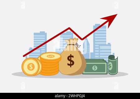 Konzept von Geschäftserfolg, Wirtschafts- oder Marktwachstum, Investitionserlöse, Kapitalerträge, Nutzen. Gewinngeld oder Budget-Vektor-Illustration. Stock Vektor