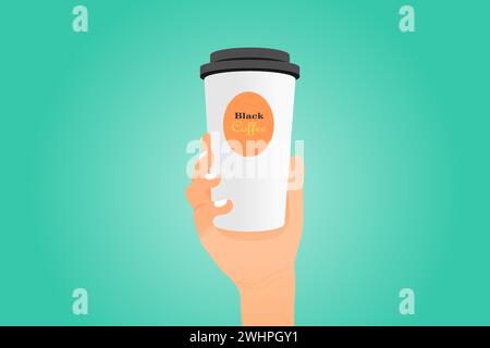Hand hält einen Kaffeepapierbecher isoliert auf grünem Hintergrund. Modell. Vektorabbildung. Stock Vektor