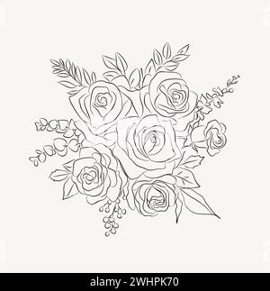 Eine schwarz-weiße Zeichnung von Rosen und Blättern. Stock Vektor