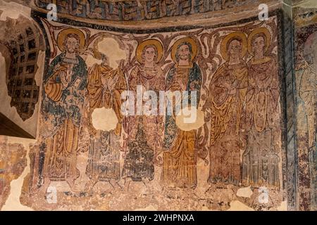 Wandmalereien von Ruesta, 12. Jahrhundert, Fresko zerrissen und auf Leinwand übertragen, kommen aus der Kirche von San juan bautista in Ruesta, Diözesanmuseum o Stockfoto