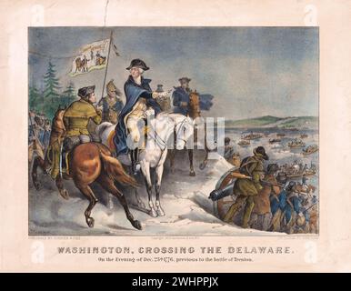 Washington, am Abend des 25. Dezember 1776, vor der Schlacht von Trenton. Herausgeber: Currier & Ives 1870er Jahre amerikanische, handkolorierte Lithografie Stockfoto