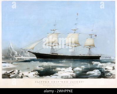 Clipper Ship „Red Jacket“ – im Eis vor dem Cape Horn, auf ihrer Passage von Australien nach Liverpool, August 1854. Herausgeber: Currier & Ives 1870er Jahre amerikanische, handkolorierte Lithografie Stockfoto