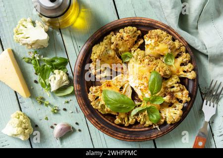 Vegetarische Bio-Lebensmittel. Gebackene Blumenkohlsteaks mit Kräutern und Gewürzen auf einem Holztisch. Gesunde Ernährung, pflanzliche Fleisch-Suppen Stockfoto