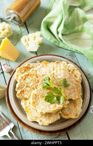 Gebratene vegetarische Schnitzel oder Pfannkuchen. Blumenkohl-Gemüsebrühe mit Käse auf einem rustikalen Küchentisch. Stockfoto