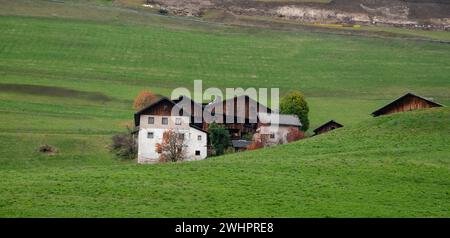 Traditionelle hölzerne Hütten in den Bergen im grünen Feld der dolomiten. Gehäuse in italienischen apls. Alpenraum Stockfoto