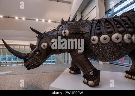 Recyceltes Eisen Rhino, Cristino Diez, Museo de la evolución humana, MEH, Burgos, Spanien Stockfoto