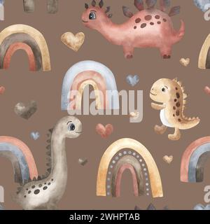 Süße Dinosaurier, Heißluftballons, Wolken, Regenbogen. Nahtloses Aquarellmuster, Boho-Stil. Handgezeichnet. Textil, Stoff, Tapete, Design beige. Stockfoto